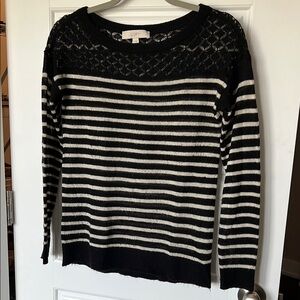 LOFT Black and Cream Crew Neck Striped Sweater